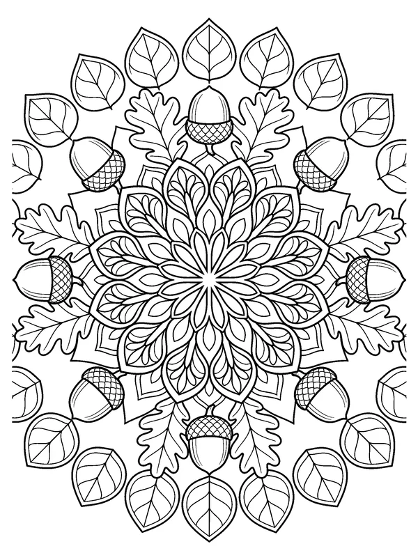 Oak Leaf Mandala — printable black-and-white coloring sheet