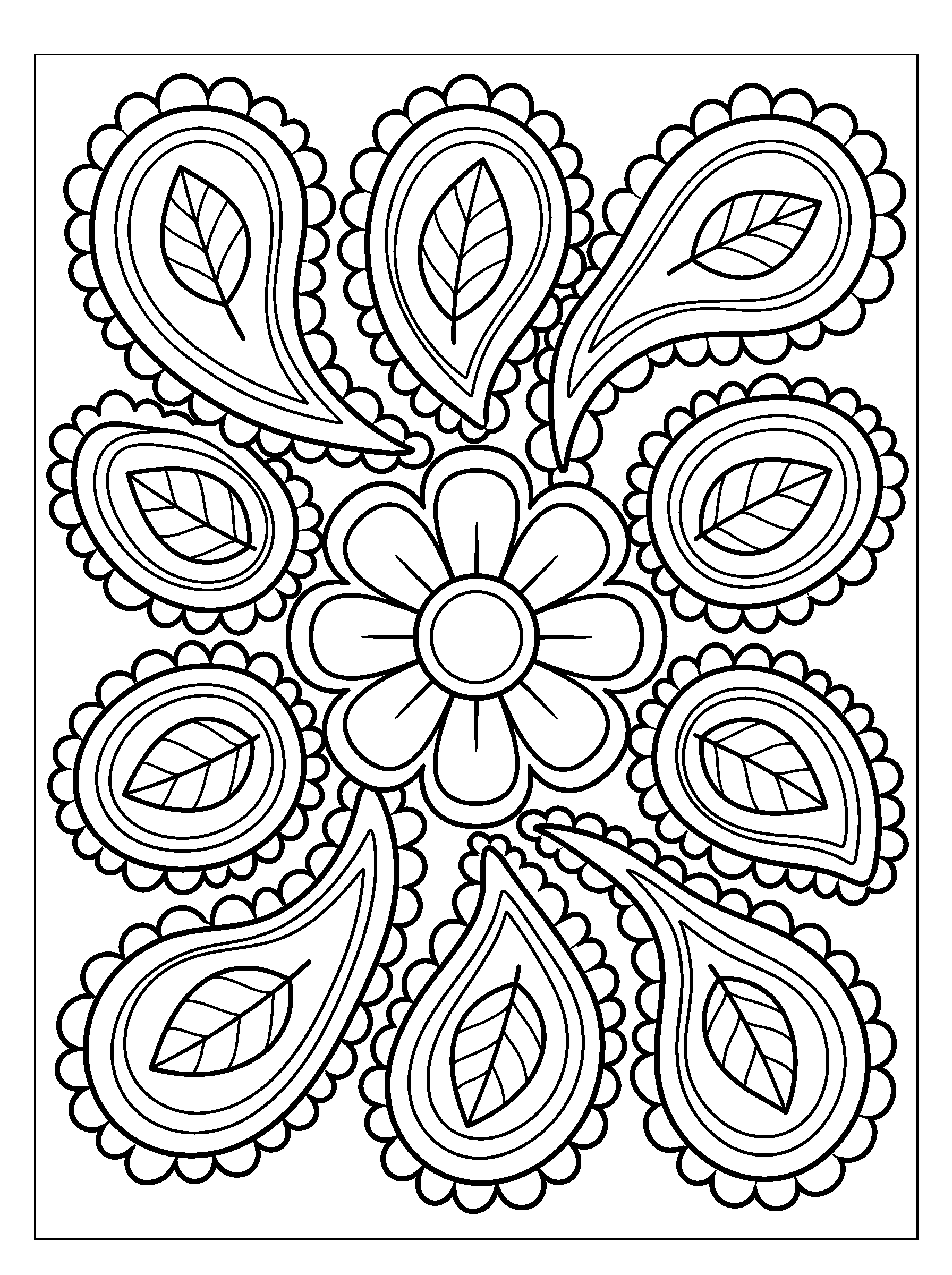 Paisley Drop Mandala — full black-and-white printable coloring page