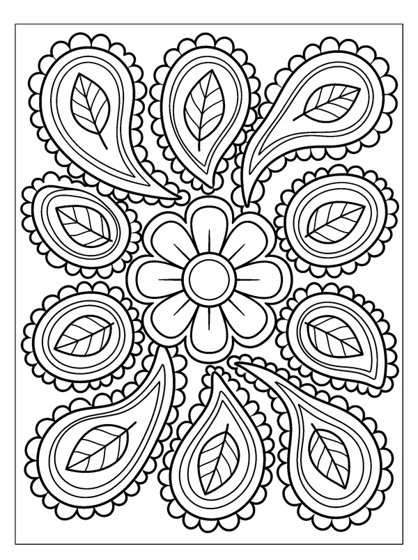 Paisley Drop Mandala — printable black-and-white coloring sheet