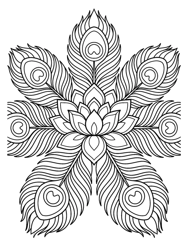 Peacock Feather Mandala — printable black-and-white coloring sheet