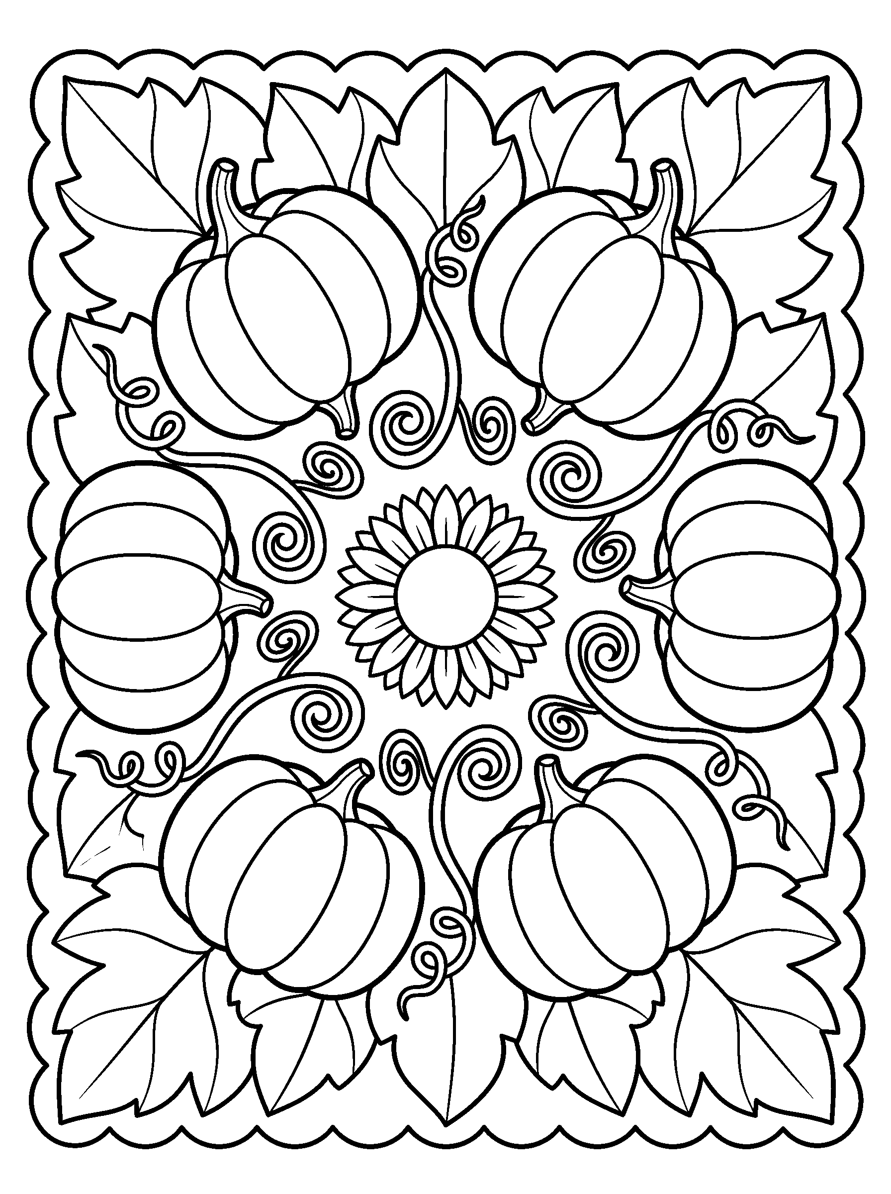 Pumpkin Vine Mandala — full black-and-white printable coloring page