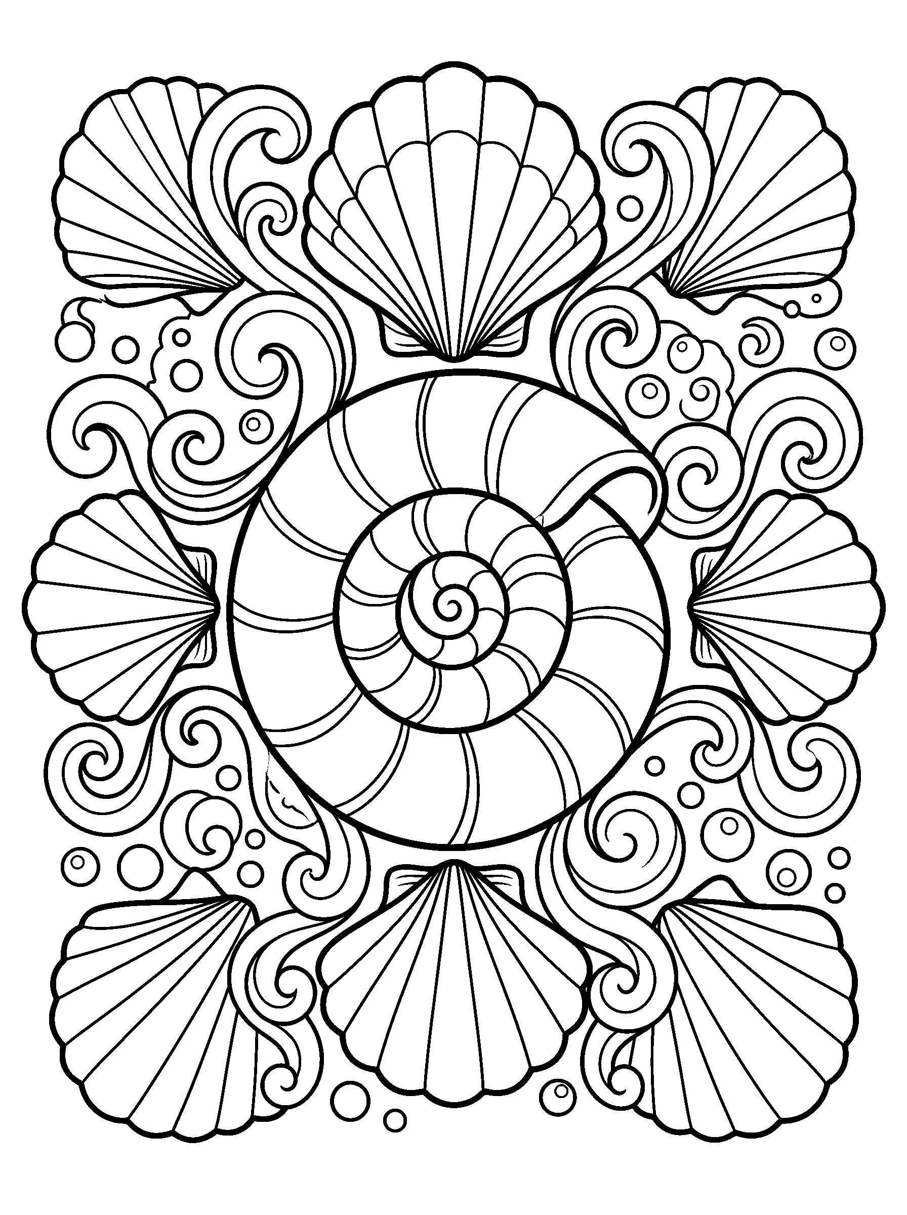 Shell and Wave Mandala — full black-and-white printable coloring page