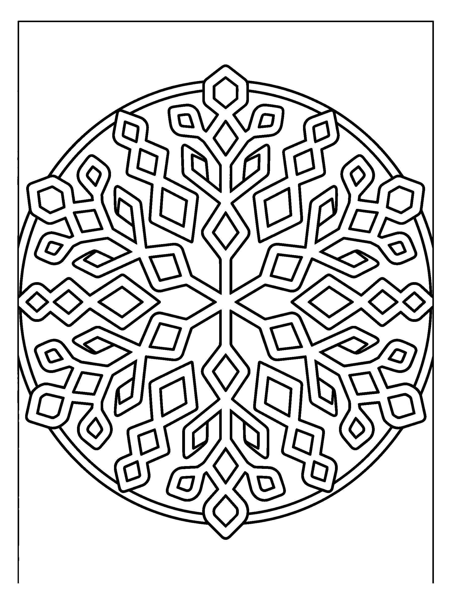 Snow Crystal Mandala — full black-and-white printable coloring page