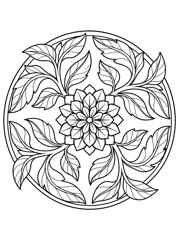 Spiral Leaf Mandala — printable black-and-white coloring sheet