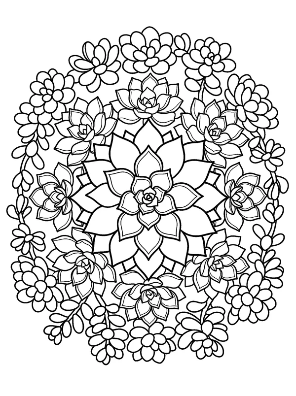 Succulent Rosette Mandala — printable black-and-white coloring sheet