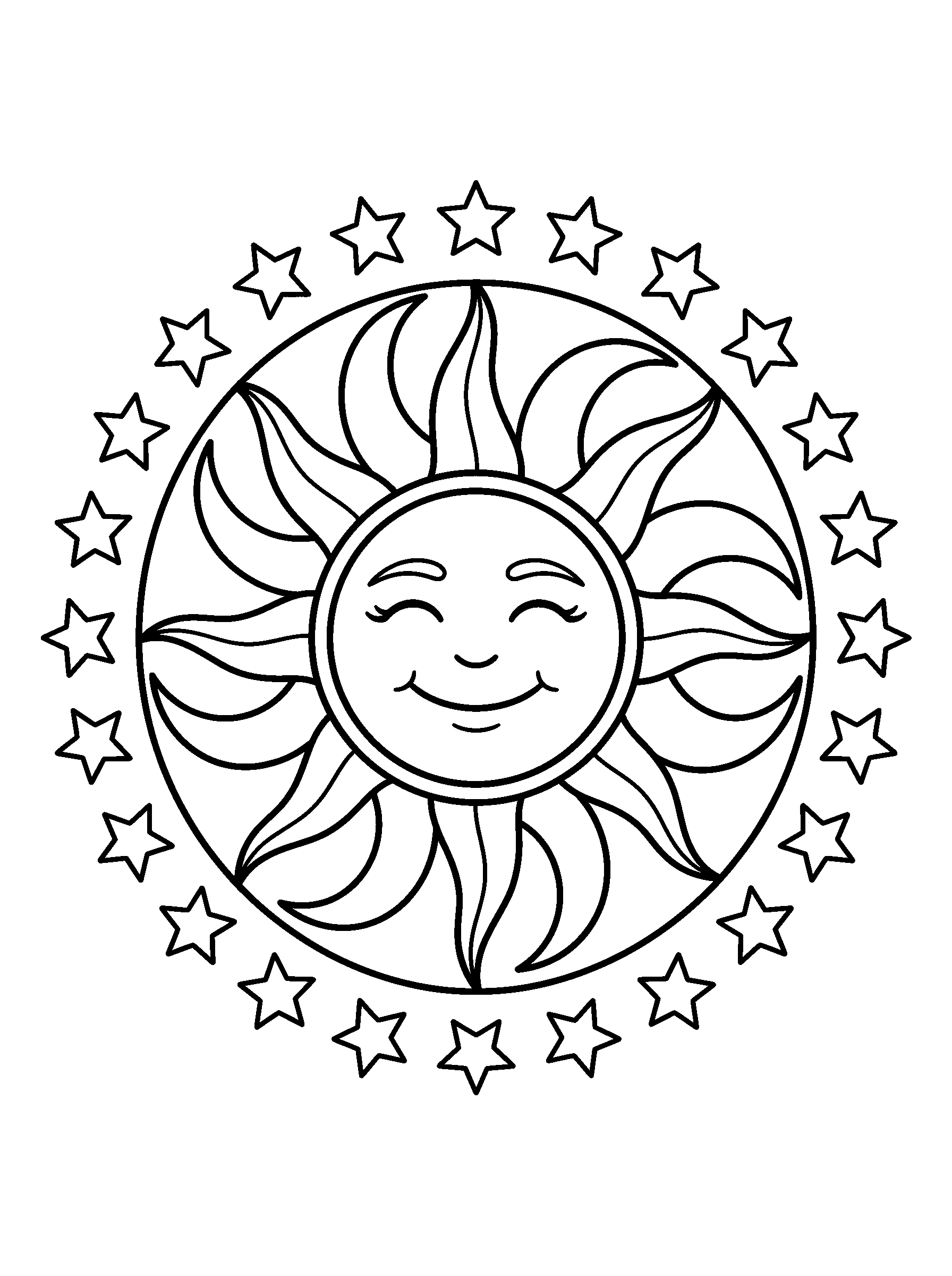 Sun and Moon Mandala — full black-and-white printable coloring page