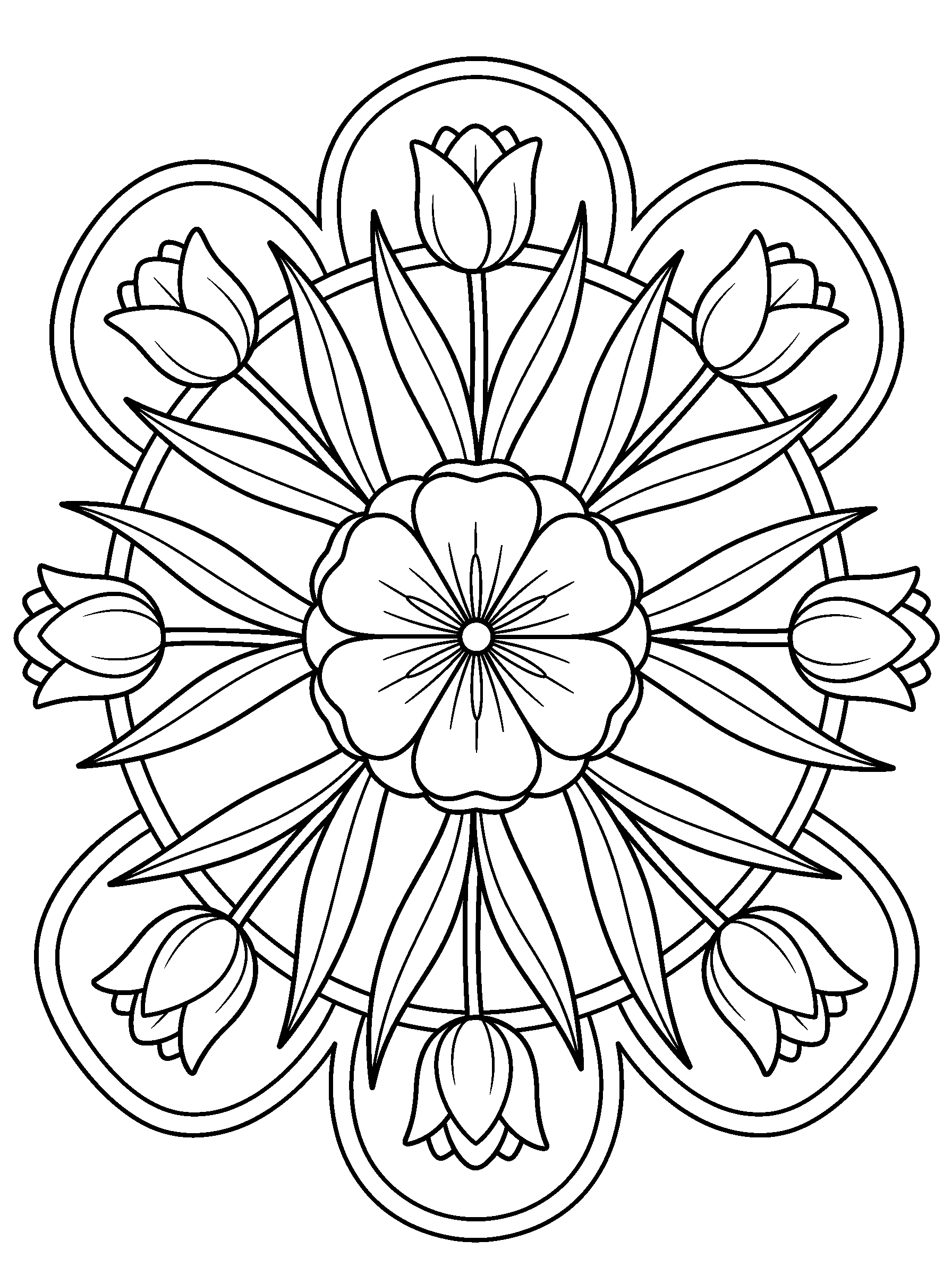 Tulip Garden Mandala — full black-and-white printable coloring page