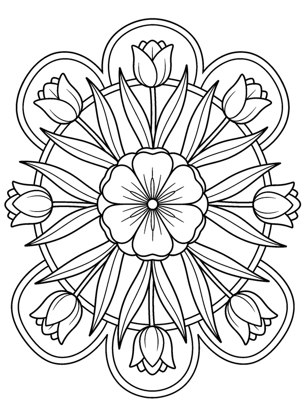 Tulip Garden Mandala — printable black-and-white coloring sheet