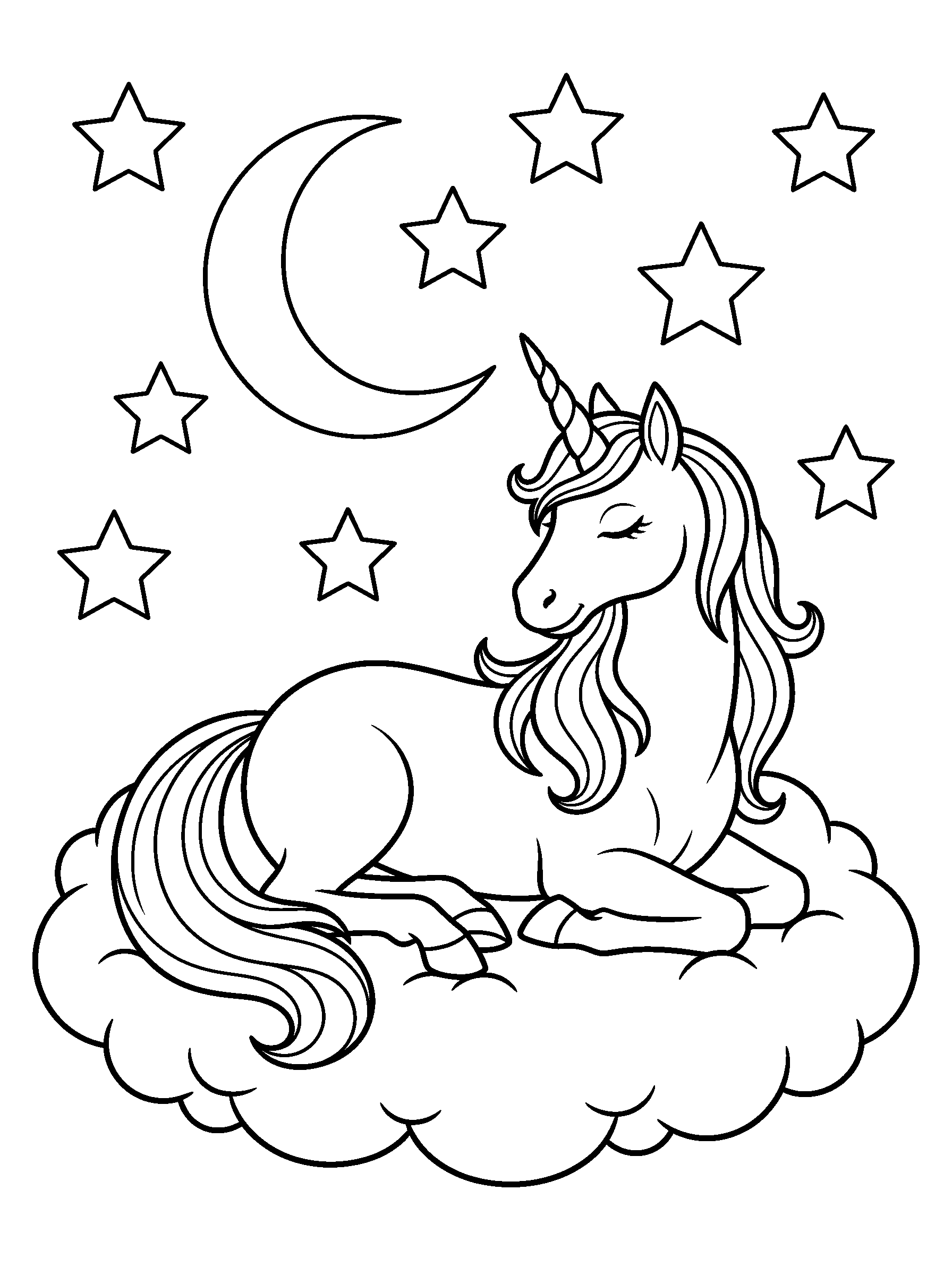 Moonlight Unicorn — full black-and-white printable coloring page