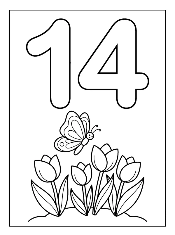 Number 14 Coloring Fun — printable black-and-white coloring sheet