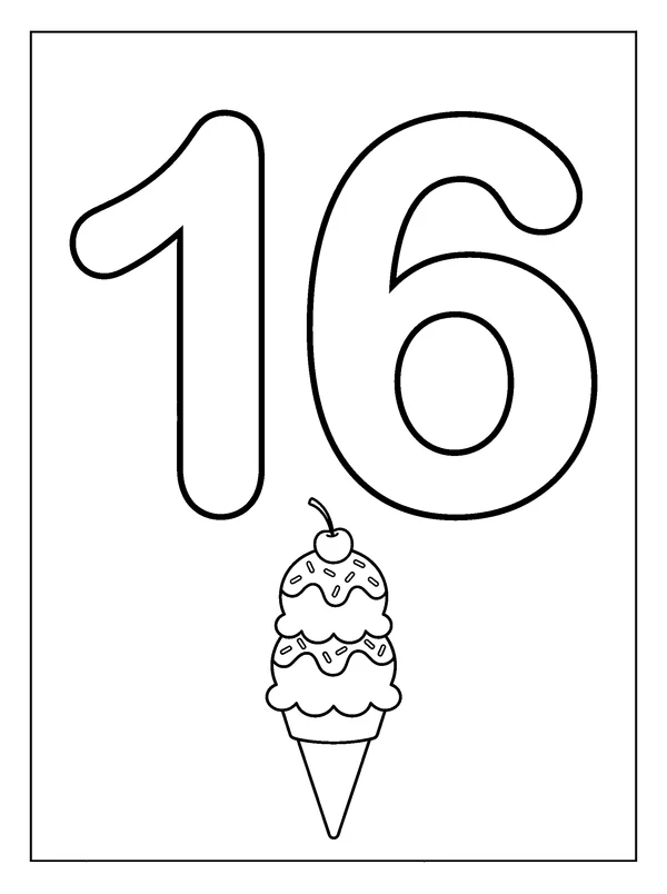 Number 16 Coloring Fun — printable black-and-white coloring sheet
