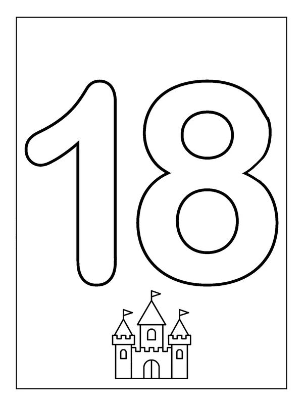 Number 18 Coloring Fun — printable black-and-white coloring sheet
