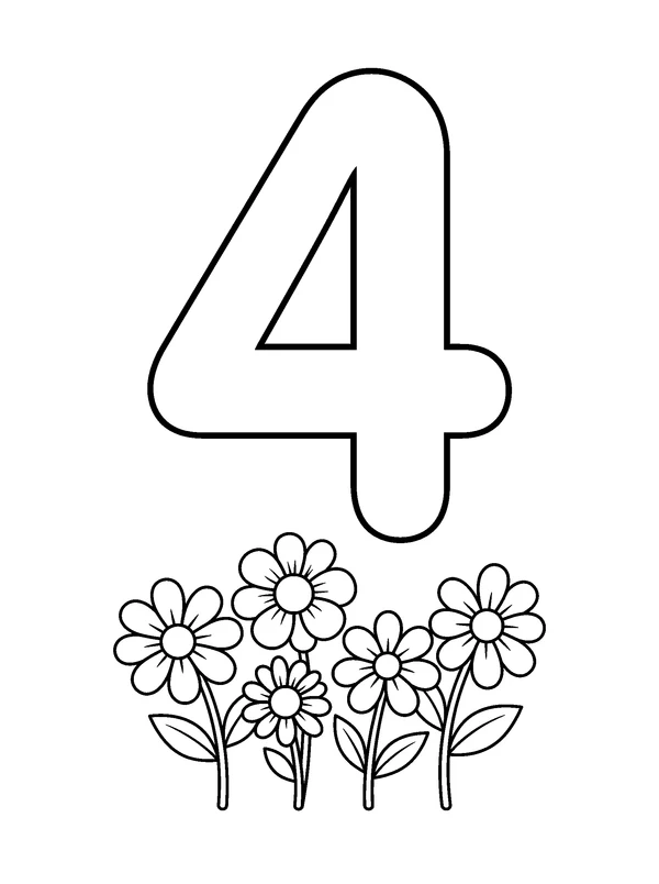 Number 4 Coloring Fun — printable black-and-white coloring sheet