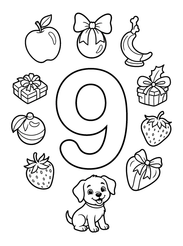 Number 9 Coloring Fun — printable black-and-white coloring sheet