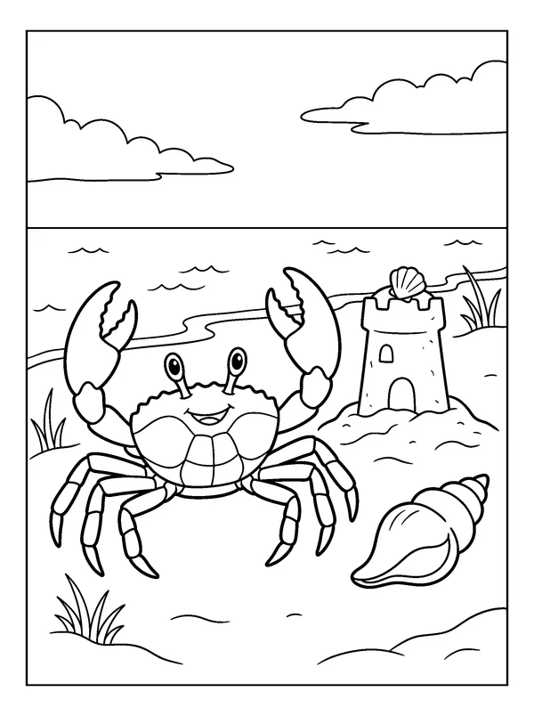 Crab Sandcastle — printable black-and-white coloring sheet
