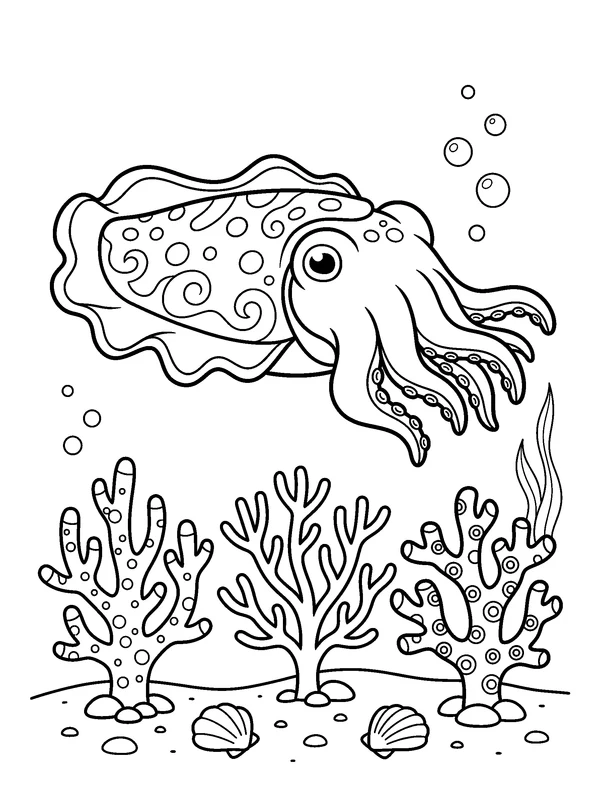 Cuttlefish Coral Garden — printable black-and-white coloring sheet
