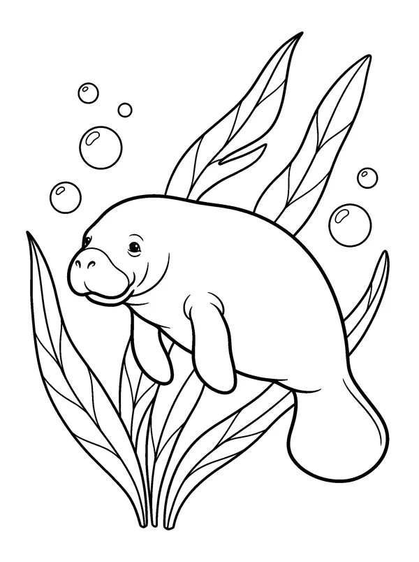 Manatee in the Cove — printable black-and-white coloring sheet