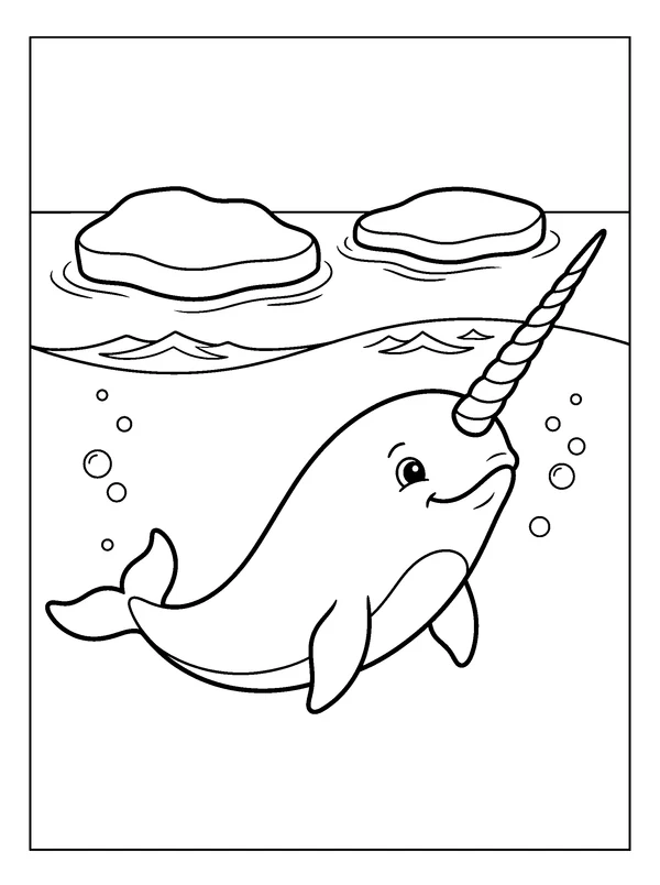 Narwhal Arctic Swim — printable black-and-white coloring sheet