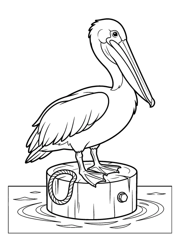 Pelican on the Pier — printable black-and-white coloring sheet
