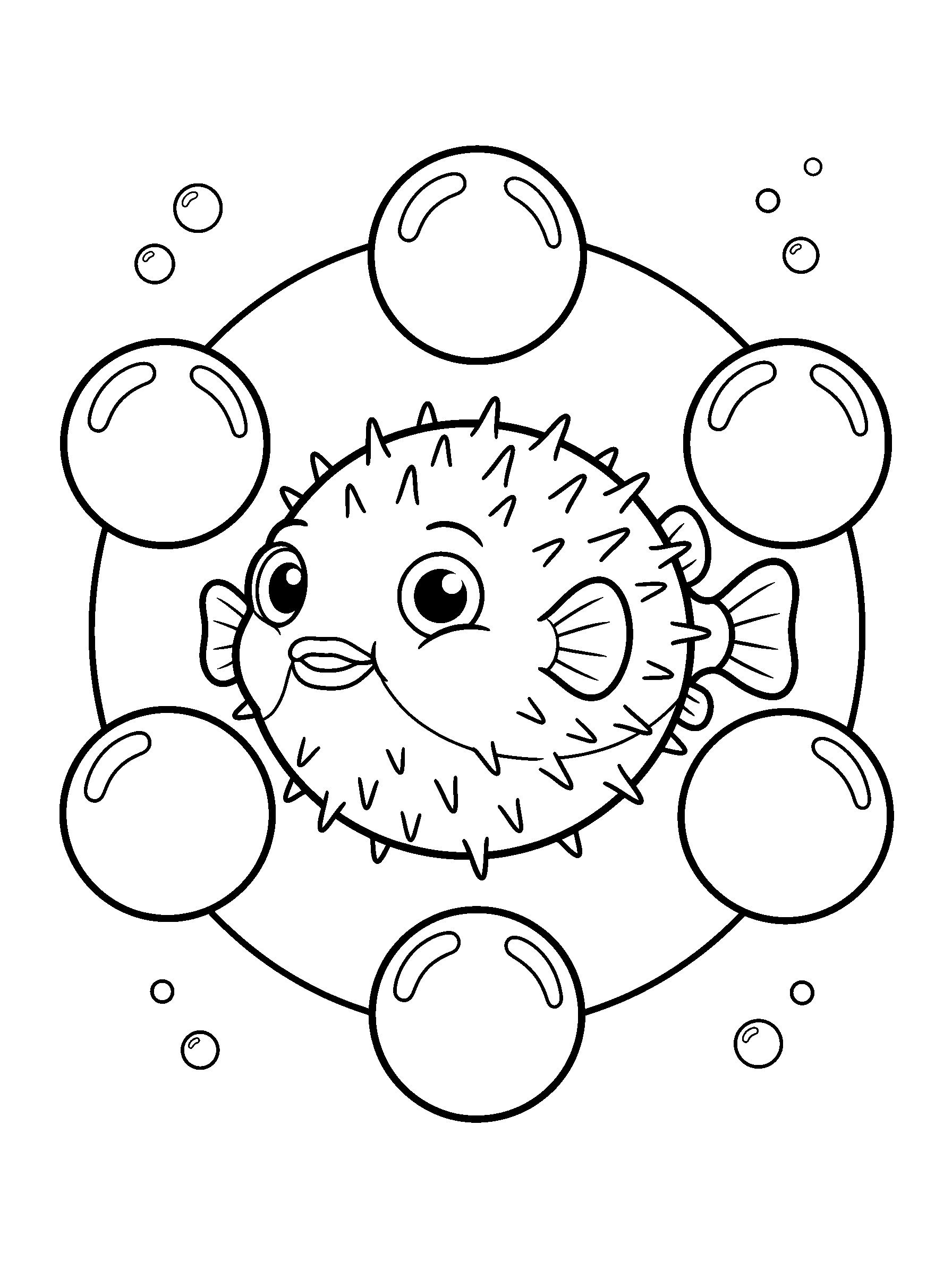 Pufferfish Bubble Circle — full black-and-white printable coloring page