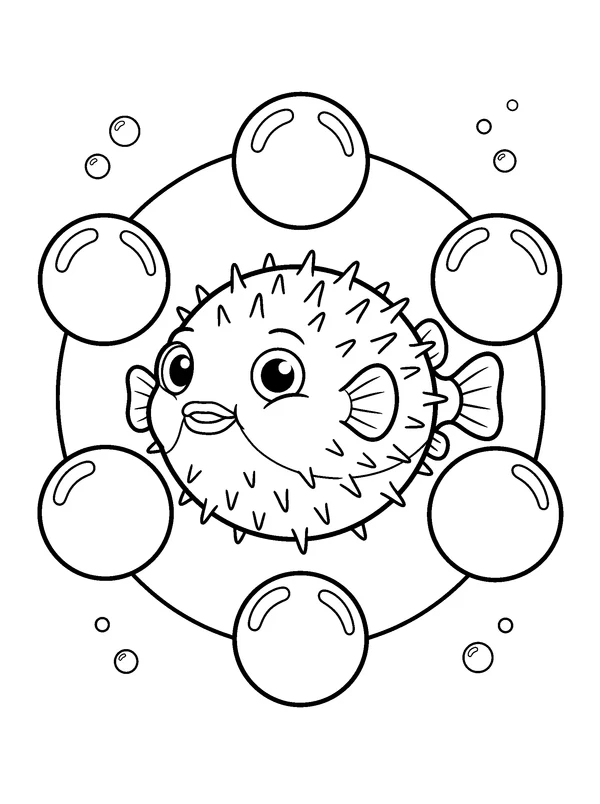 Pufferfish Bubble Circle — printable black-and-white coloring sheet