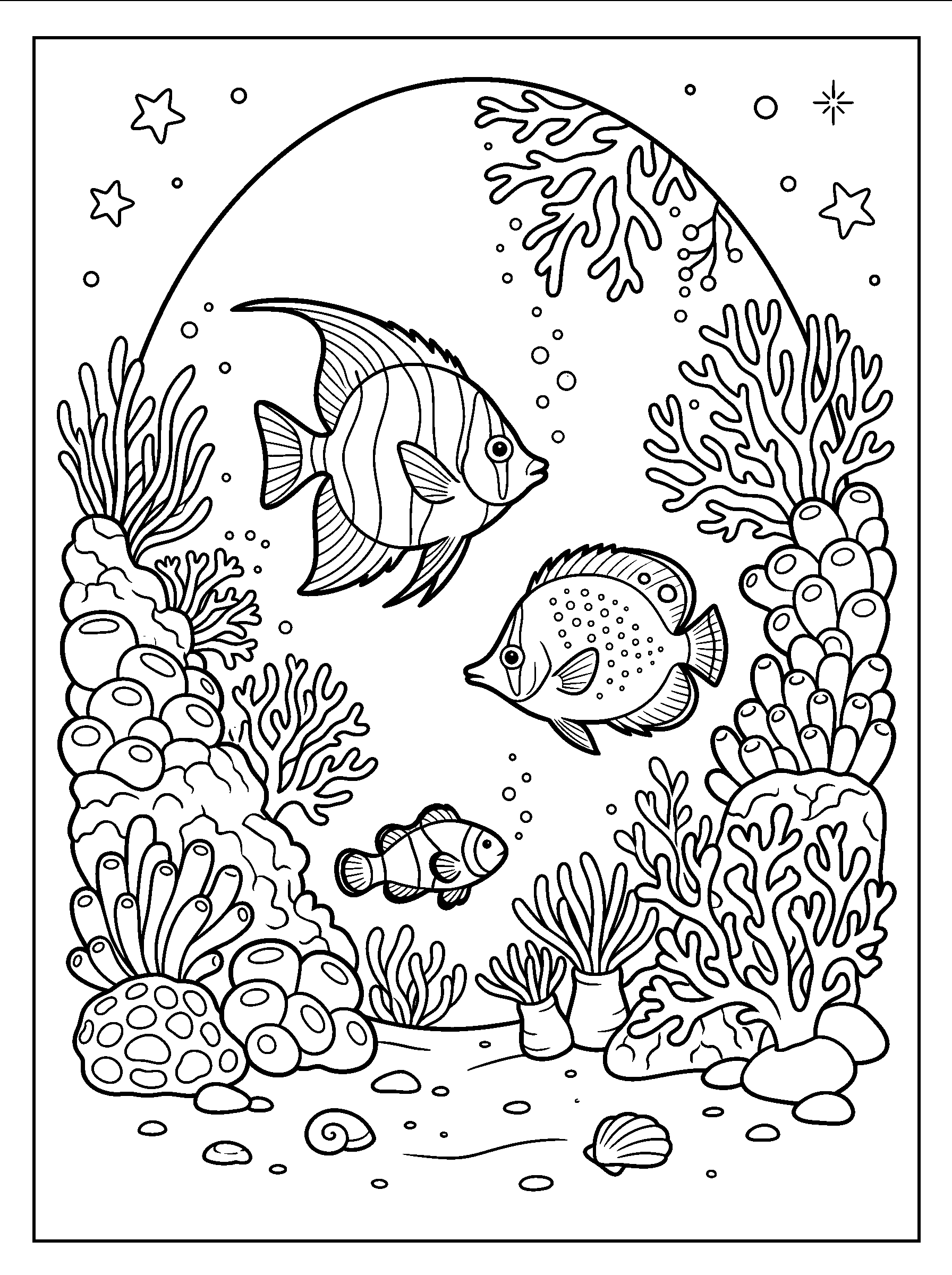 Coral Reef Window — full black-and-white printable coloring page