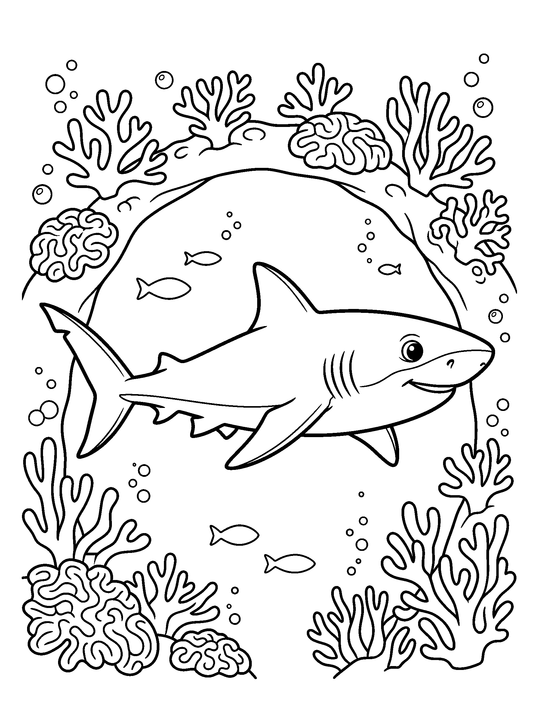 Reef Shark and Coral Arch — full black-and-white printable coloring page