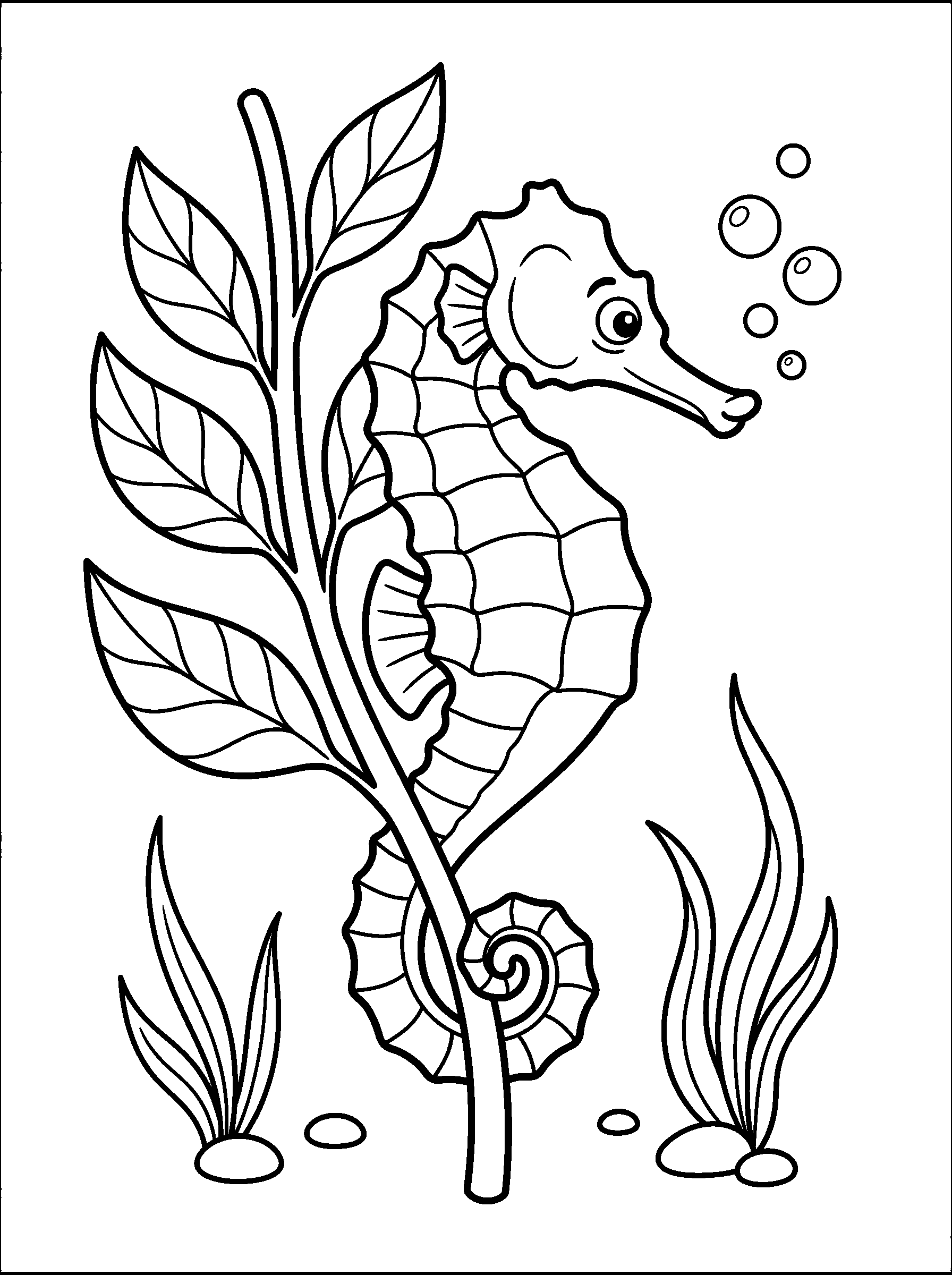 Seahorse in Seagrass — full black-and-white printable coloring page