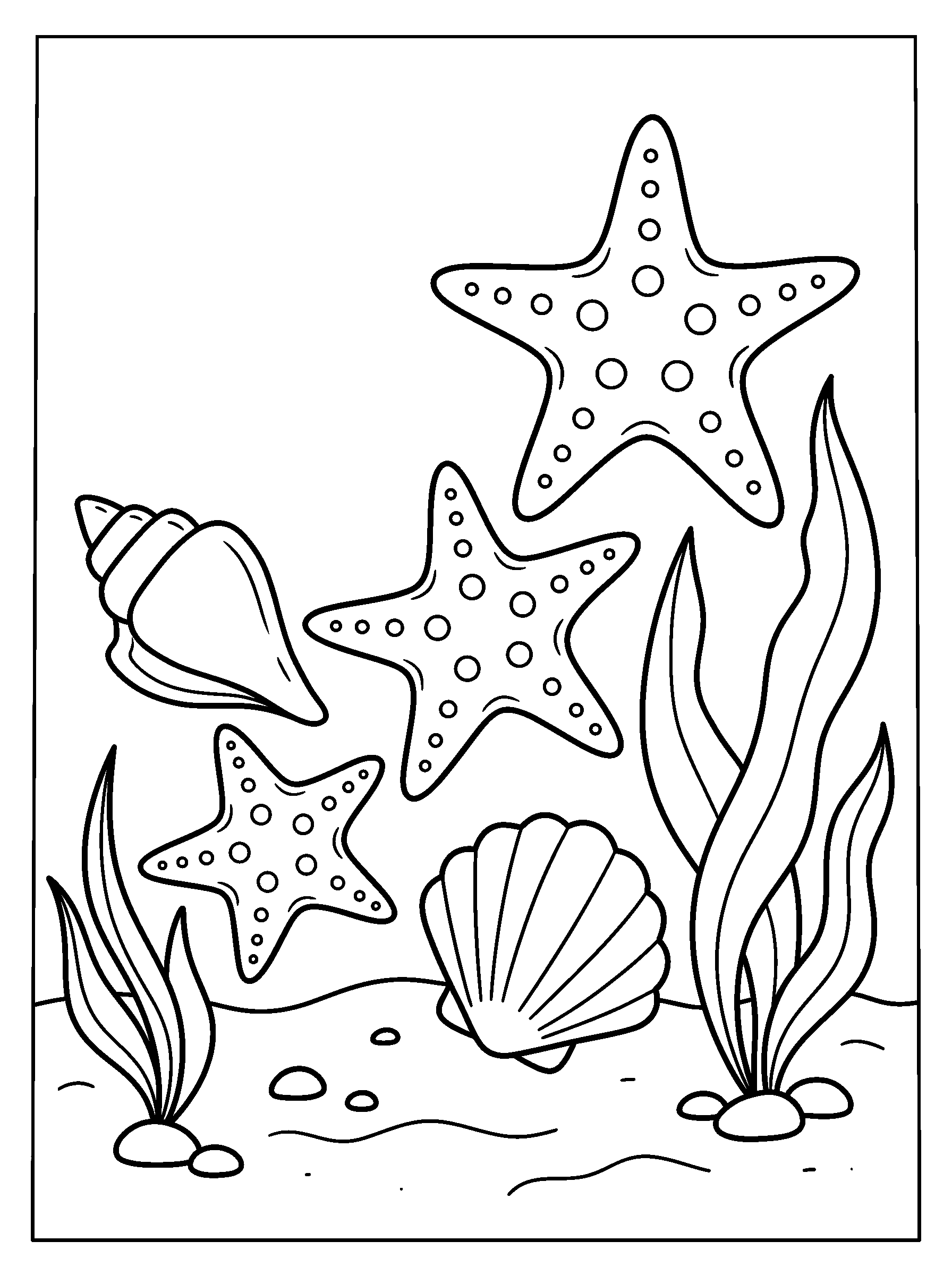 Starfish Shell Trail — full black-and-white printable coloring page