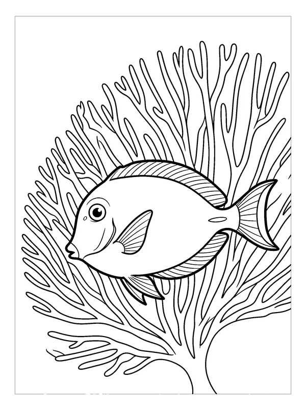 Tang Fish and Sea Fan — printable black-and-white coloring sheet