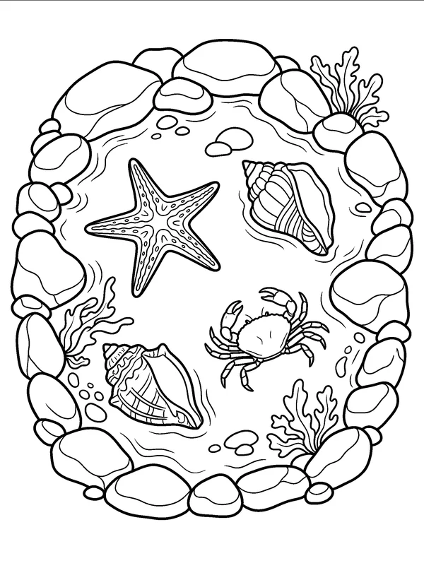 Tide Pool Discovery — printable black-and-white coloring sheet
