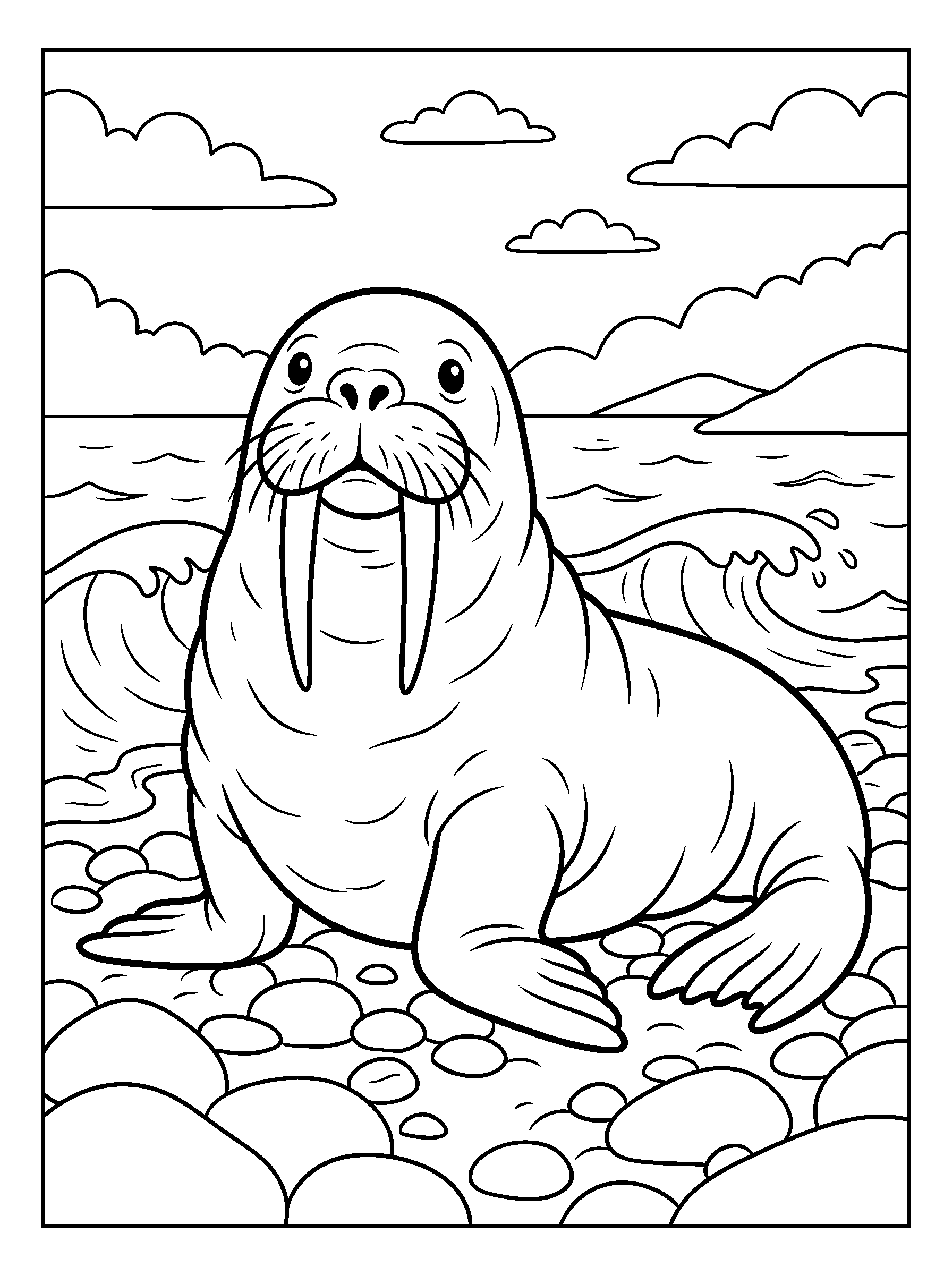Walrus on the Pebbles — full black-and-white printable coloring page