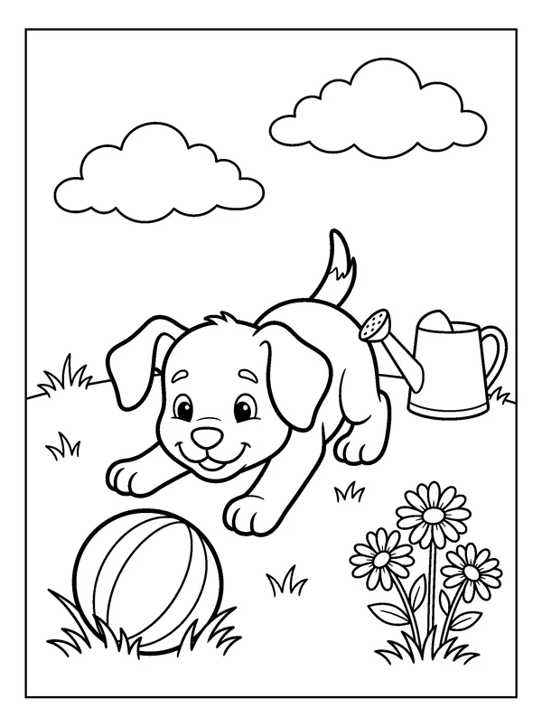 Playful Puppy — printable black-and-white coloring sheet