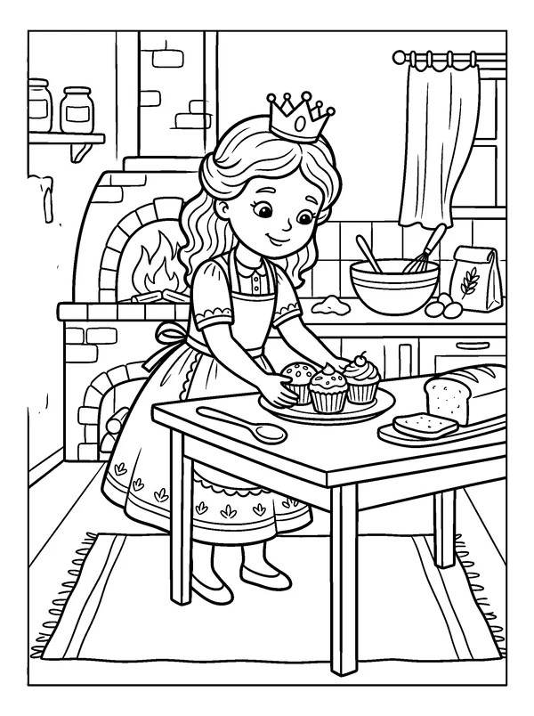 Baking Princess — printable black-and-white coloring sheet