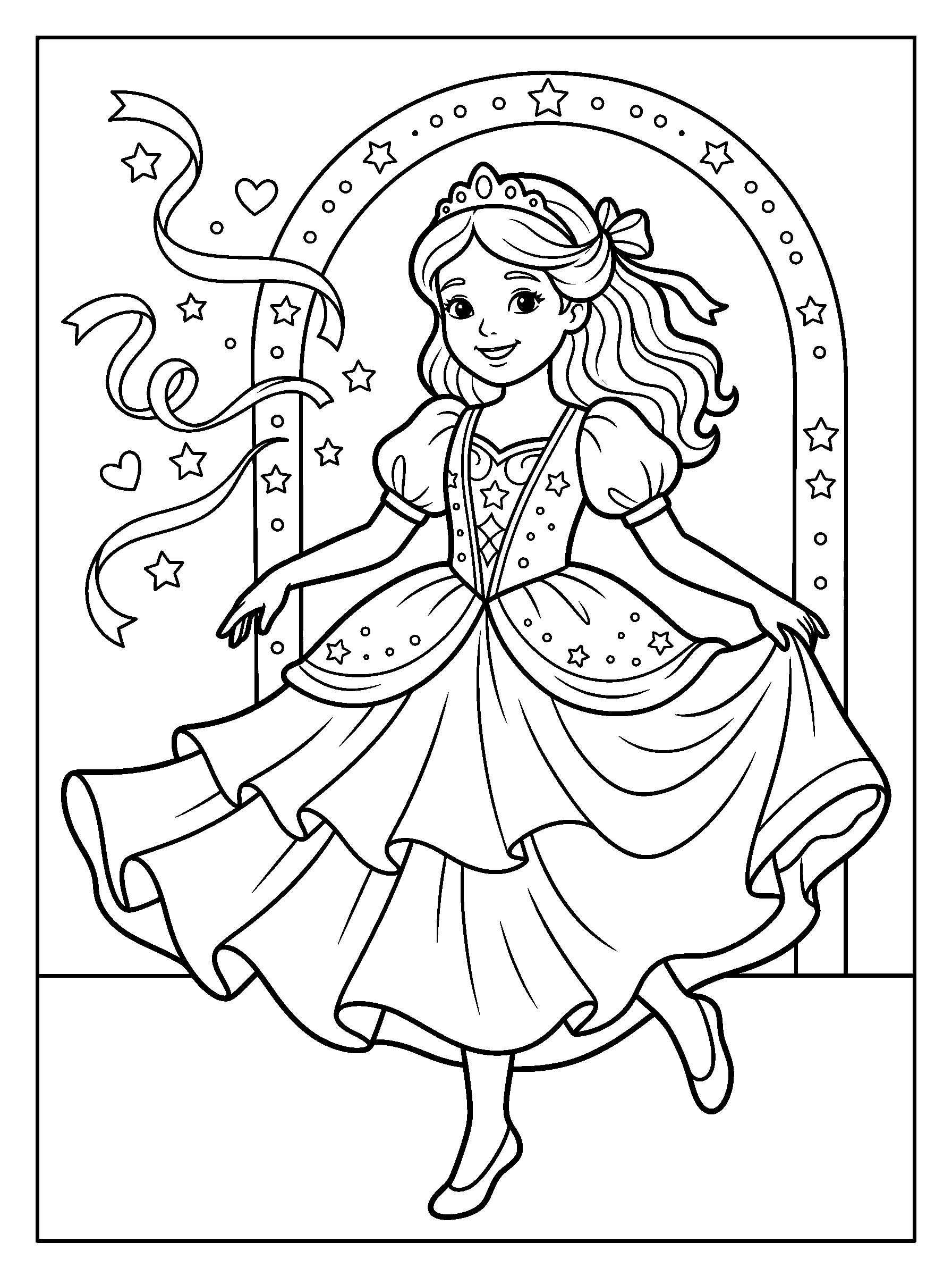 Dancing Princess — full black-and-white printable coloring page