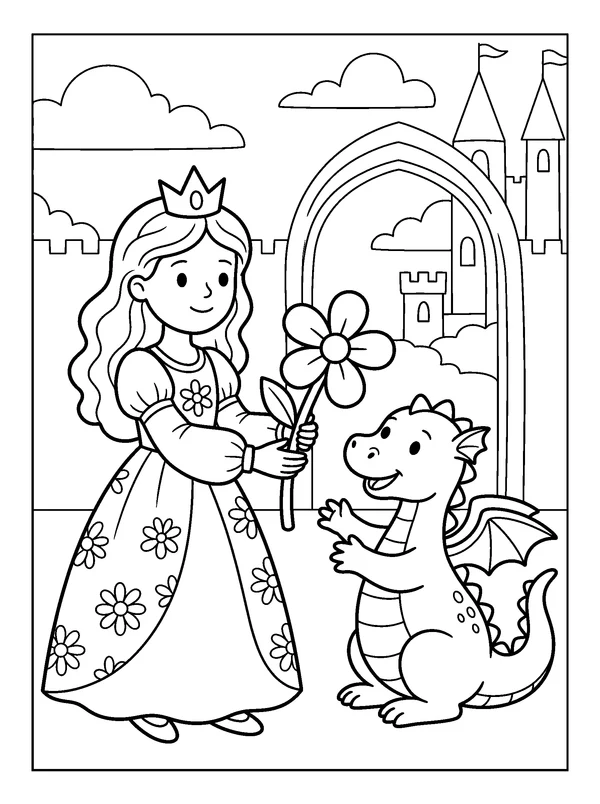 Dragon Friend Princess — printable black-and-white coloring sheet