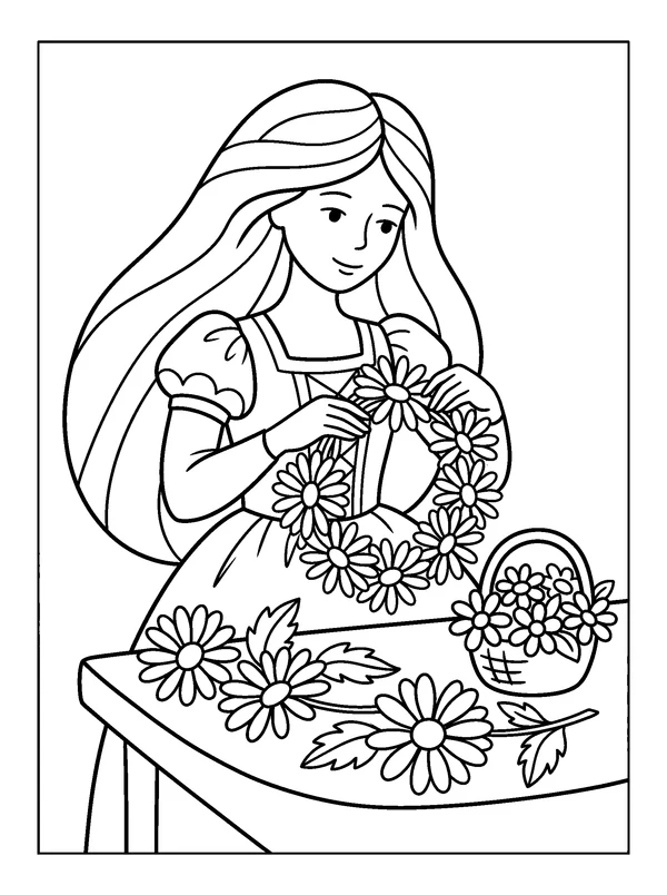 Flower Crown Princess — printable black-and-white coloring sheet