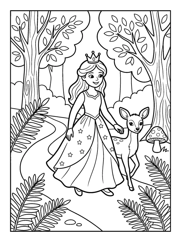 Forest Princess — printable black-and-white coloring sheet
