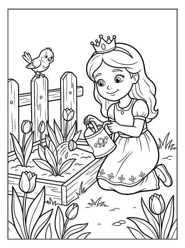 Garden Princess — printable black-and-white coloring sheet
