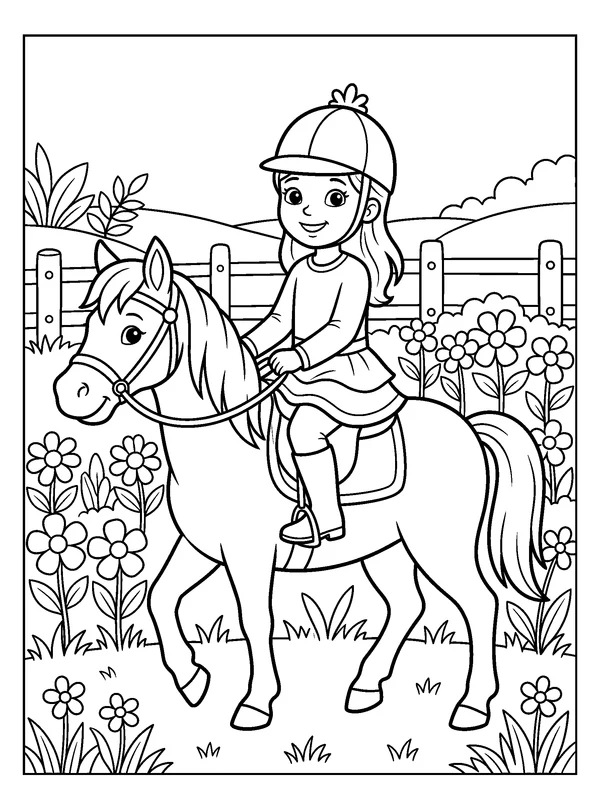 Horseback Princess — printable black-and-white coloring sheet