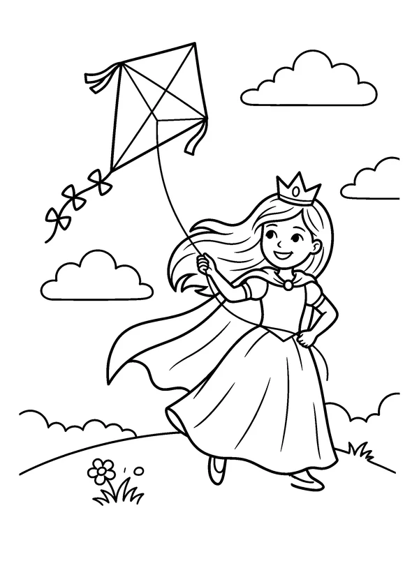 Kite Flying Princess — printable black-and-white coloring sheet