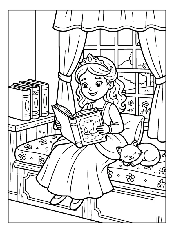 Library Princess — printable black-and-white coloring sheet