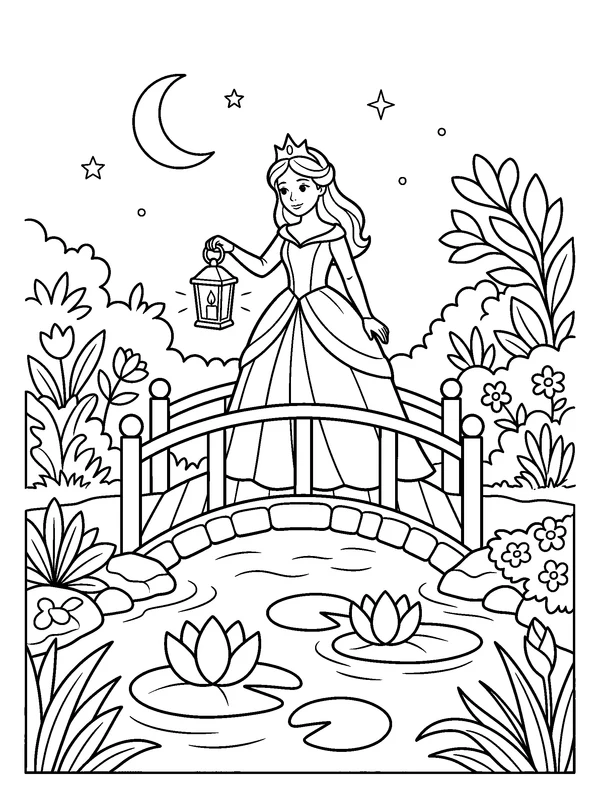 Moonlit Princess — printable black-and-white coloring sheet