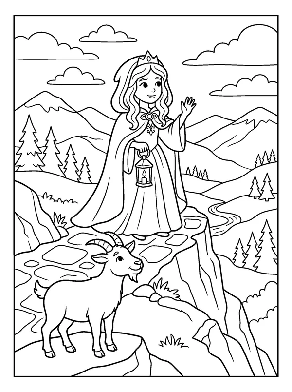 Mountain Princess — printable black-and-white coloring sheet