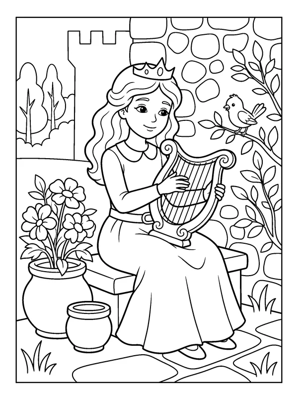 Musical Princess — printable black-and-white coloring sheet