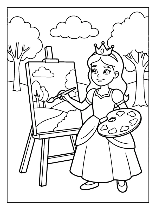 Painting Princess — printable black-and-white coloring sheet