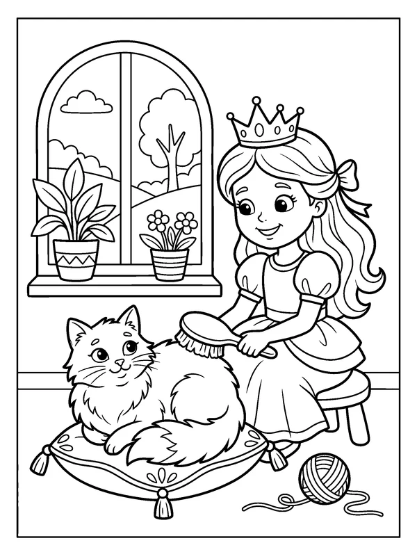 Palace Cat Princess — printable black-and-white coloring sheet
