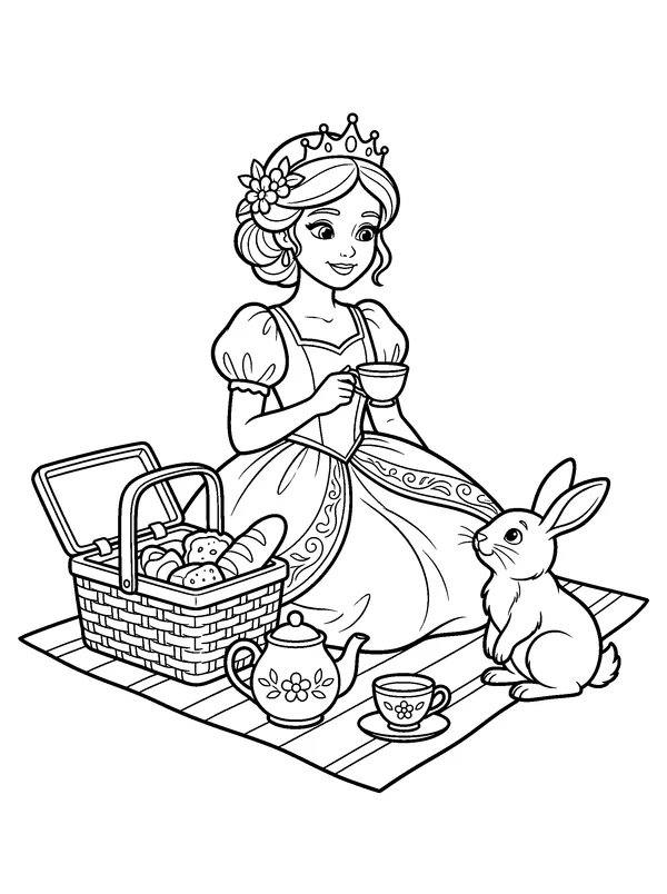 Picnic Princess — printable black-and-white coloring sheet