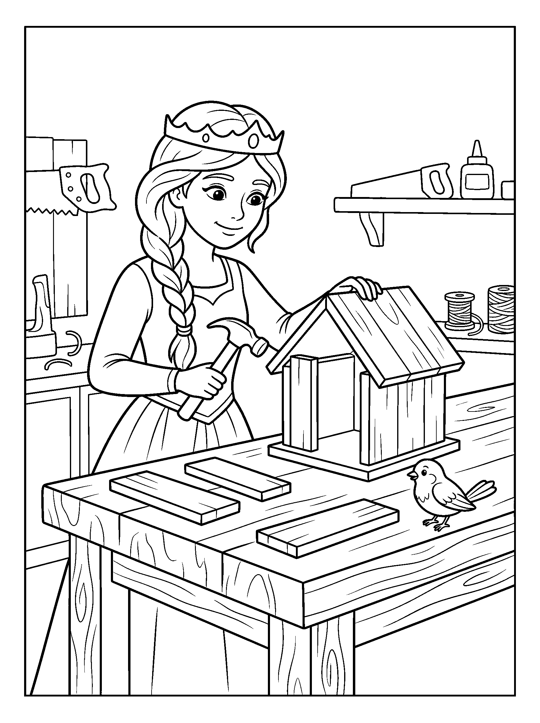 Practical Princess — full black-and-white printable coloring page