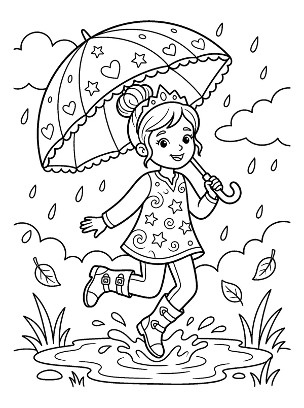 Rainy Day Princess — printable black-and-white coloring sheet